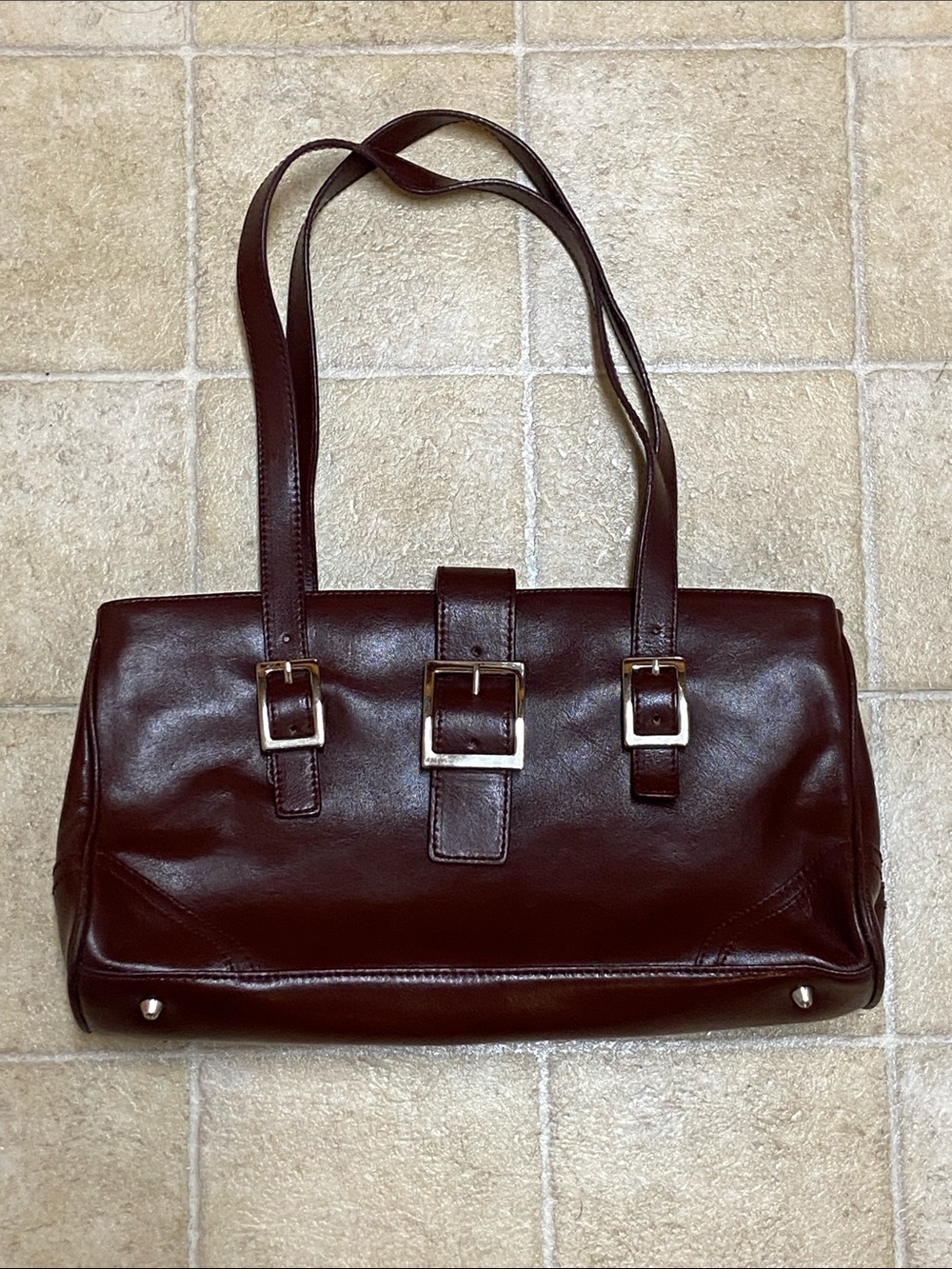 Deep Brown Body 💯% Split Leather Bag with Triple Buckle Detail by The Look